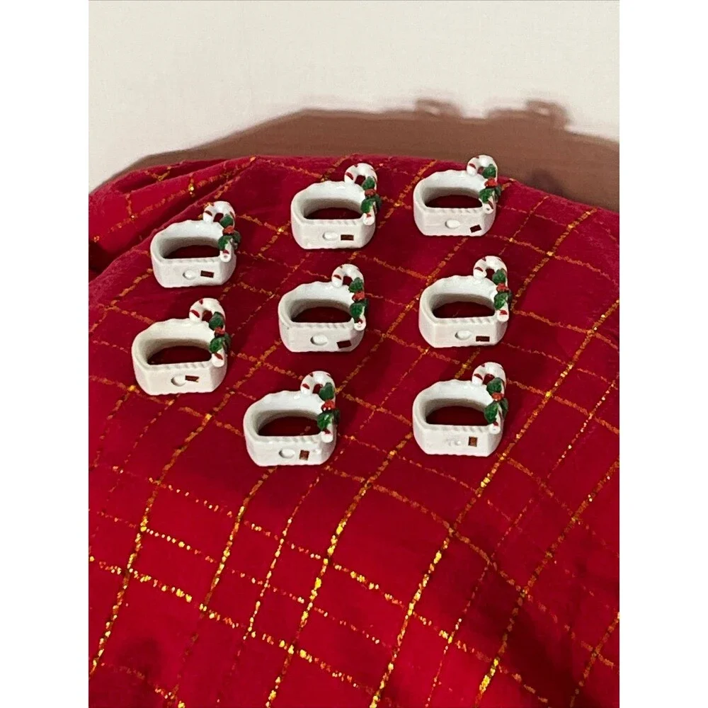 Holiday Christmas Ceramic Napkin Rings Candy Canes  and Holly Set of 8.
